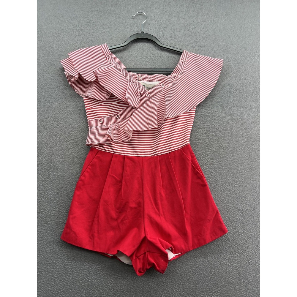 Valley Girl Romper Womens Small Red White One Shoulder Ruffle Striped Pockets